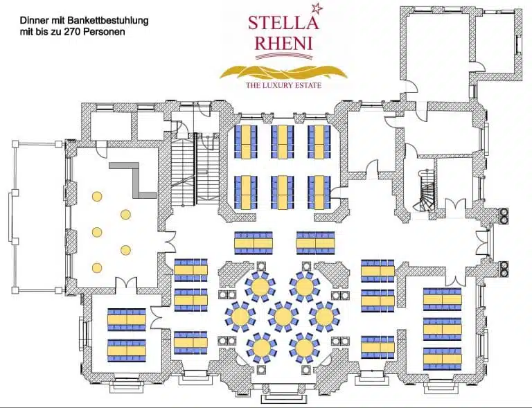 Stella Rheni Corporate Events Dinner mit Bankettbestuhlung für bis zu 270 Personen